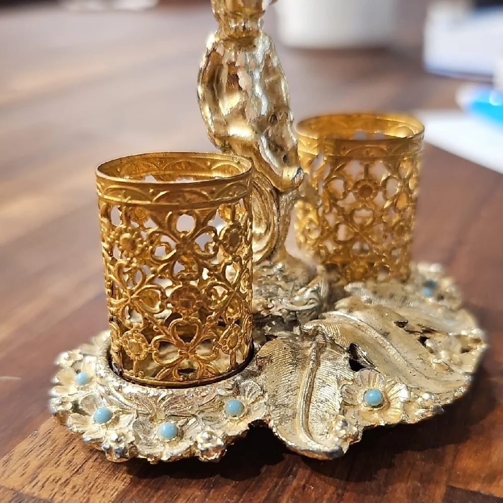 VINTAGE Lipstick Holder Sam Fink Gold Filigree Cherub Vanity 1960's
